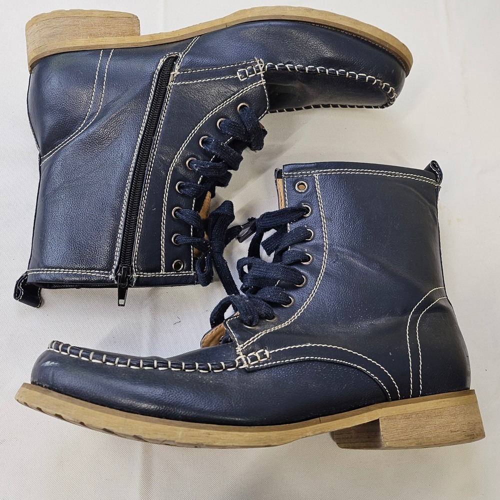 Faranzi Mens Navy Blue Leather Moc Toe Lace Up Side Zip Ankle Boots FB4520-40 11 - Picture 2 of 14